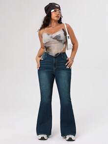 SHEIN EZwear Quần jeans ống loe cạp cao, túi hộp, thường ngày, đa năng, cỡ lớn dành cho nữ - Màu xanh lam - Xem 5