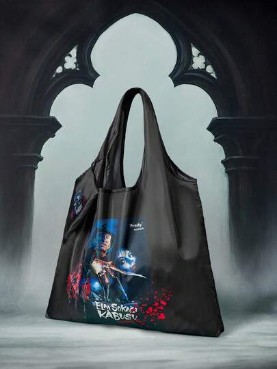 A Nightmare on Elm Street X ROMWE Figure Graphic Large Capacity Foldable Tote Bag With Coin Pouch, Portable Shopping Bag