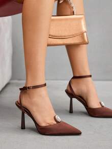 CUCCOO SZL 女士时尚尖头踝带细高跟鞋，适合通勤、约会、派对、婚礼、度假 - 咖啡棕 - 查看 1