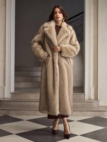 ZEYLAH Abrigo largo de piel sintética con cuello grande y esponjoso - Albaricoque - Ver 4