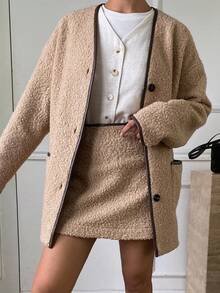 DAZY 2pcs/Set Women Contrast Trim Thickened Teddy Fleece Jacket & A-Line Skirt Casual Elegant Outfit, Autumn/Winter - Khaki - View 5
