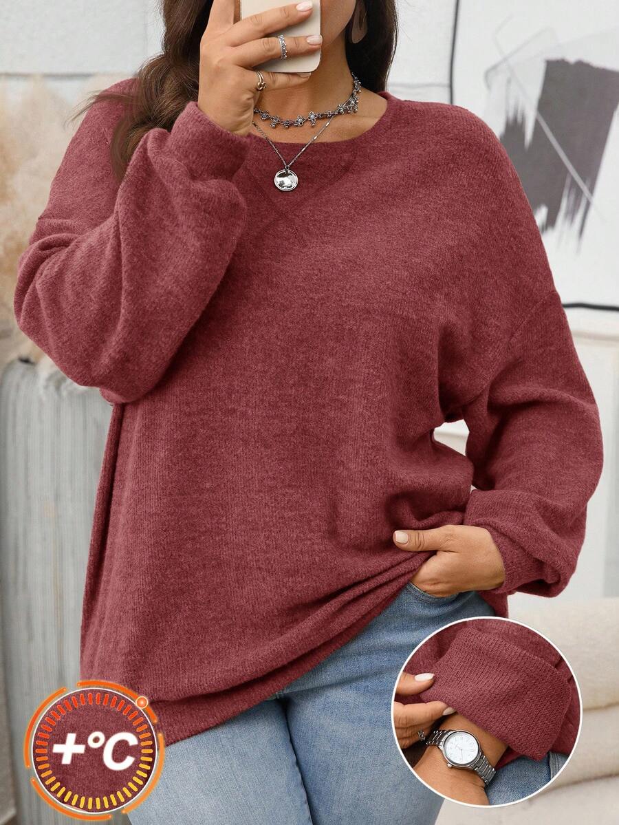 EMERY ROSE Sudadera casual de talla grande de unicolor, otoño/invierno - Rojo - Ver 1