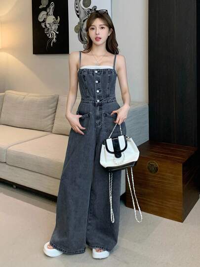 DAZY 女式纯色细肩带单排扣休闲牛仔背带裤，夏季适用
