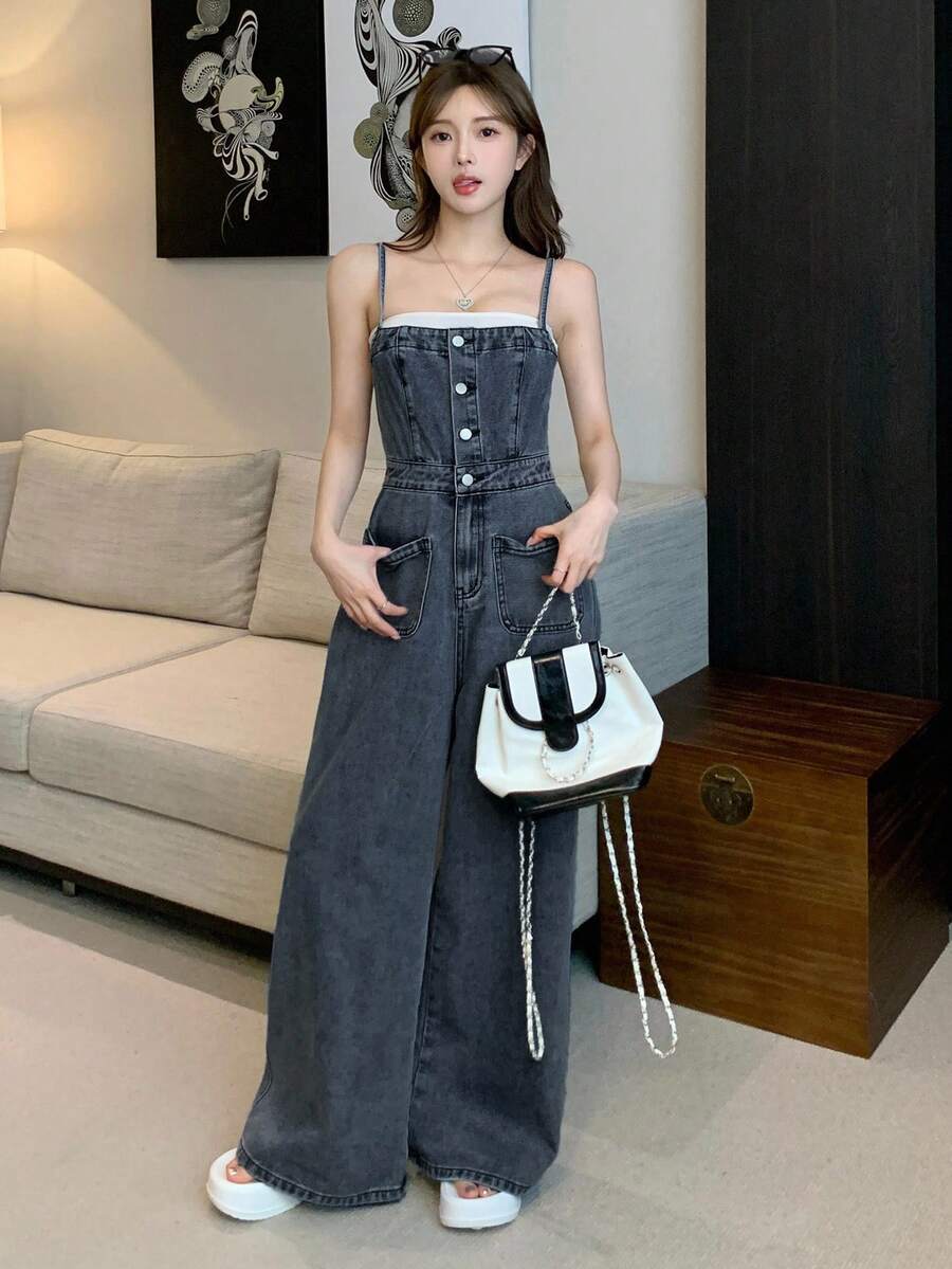 DAZY Women's Solid Color Spaghetti Strap Single-Breasted Casual Denim Bib Pants For Summer