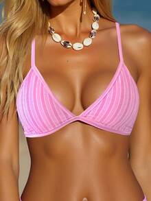 SHEIN Swim Women's Solid Color Stripe Sexy Bikini Top, Summer Beach - Pink - View 4