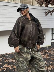 SHEIN EZwear Women's Casual Vintage Distressed Washed PU Brown Jacket, Autumn/Winter - Brown - View 3