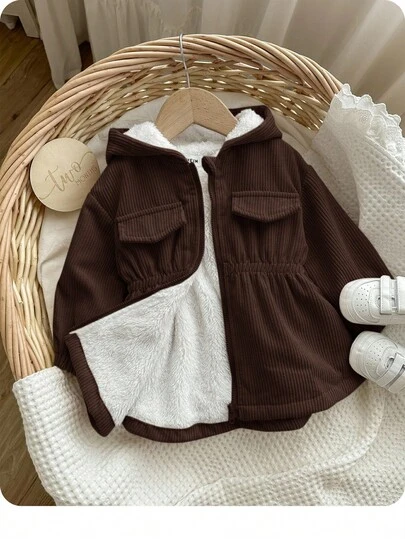 Babygirl Fashionable Autumn/Winter Cute Apricot Corduroy Hooded Fleece Jacket