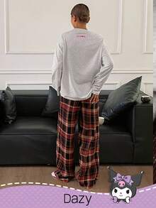 HELLO KITTY AND FRIENDS | SHEIN DAZY Damen süßer Cartoon-Grafik Langarm-Top und karierte weite Hose Loungewear-Set, bequeme Freizeitkleidung, Frühling/Herbst, gemütliche Outfits, Herbst-Winter-Kleidung
