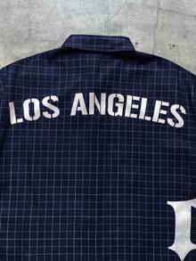 AXEPEAK 男士宽松字母格纹印花短袖梭织衬衫，街头潮流必备单品 - 藏蓝色 - 查看 4