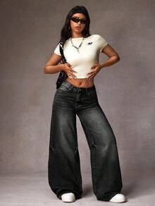 SHEIN Tall 女式休闲水洗低腰阔腿牛仔裤 - 黑色 - 查看 6