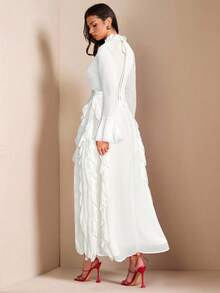 SHEIN BAE 女士优雅红色长袖高领荷叶边下摆连衣裙，适合约会、庆典 - 白色 - 查看 2