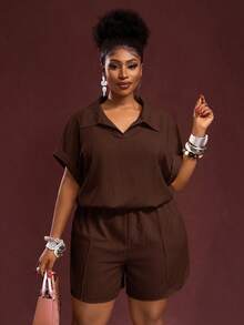 Veslaya 秋冬新品，女士秋冬服装，万圣节，音乐节，复活节，西部风，游牧风，生日派对，毕业典礼，学生装，日常休闲，度假，邮轮旅行，海滩，日光浴，时尚，女士加大码黄色罗纹Polo领宽松短袖短裤套装，棕色两件套，加大码医用两件套亚麻套装，女士巧克力棕色上衣，女士棕色衬衫 - 棕色 - 查看 11