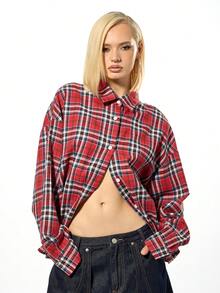 SUMWON WOMEN Cotton Oversized Plaid Check Long Sleeve Button Down Shirt With Call My Stylist Print Fall Winter Streetwear Holiday Collection - Red - View 2