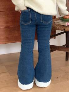 DAZY 女童保暖蝴蝶印花牛仔裤，年轻女孩秋装 - 藍色 - 查看 3