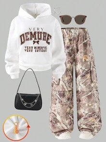 2pcs/Set Tween Girls Letter Print Hoodie Sweatshirt + Green Cargo Pants Casual Street Style Outfit, Autumn/Winter Fall - Multicolor - View 1