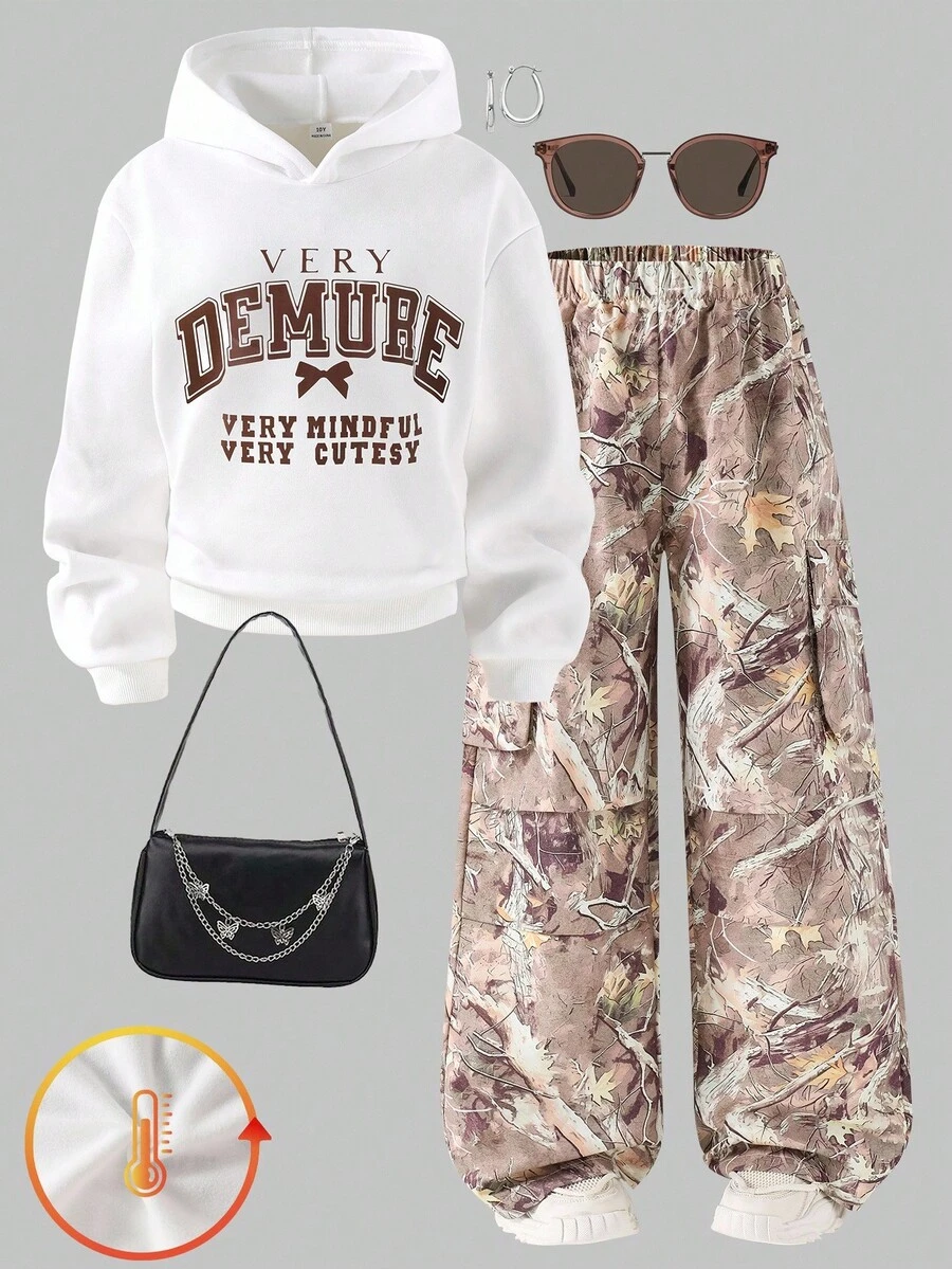 2pcs/Set Tween Girls Letter Print Hoodie Sweatshirt + Green Cargo Pants Casual Street Style Outfit, Autumn/Winter Fall - Multicolor - View 1