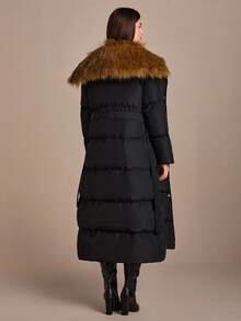 CLARA VERO Women's Solid Belted Detachable Trimmed Faux Fur Detailed Elegant Oversized Long Winter Coat - Black - View 2