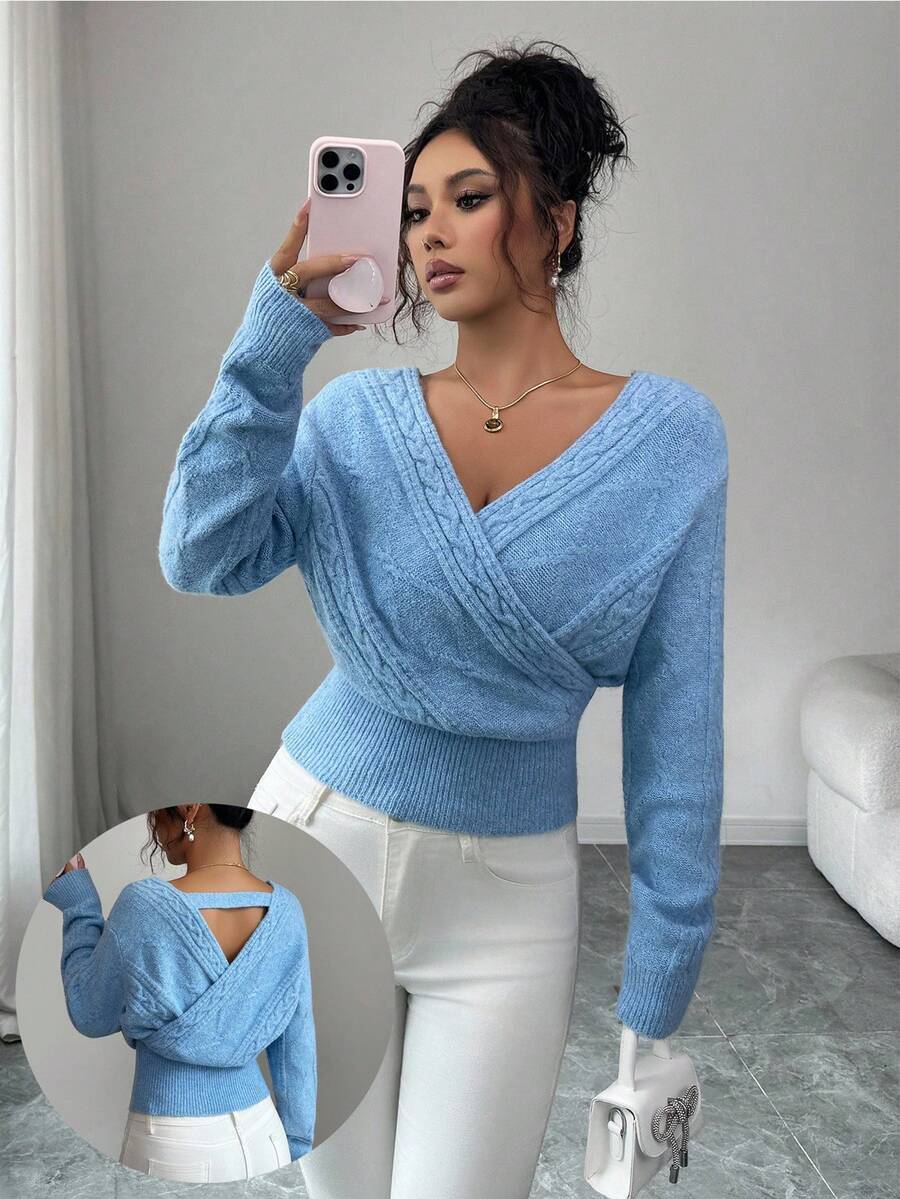 SHEIN Elenzya Áo len quấn cổ chữ V màu trơn thanh lịch dành cho nữ, Thu/Đông - Màu xanh lam - Xem 1