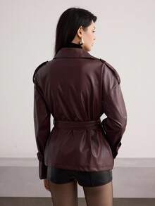 Modelyn 女式双排扣束腰 PU 皮夹克，秋冬时尚 - 棕色 - 查看 7