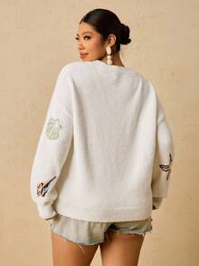 SHEIN VCAY Suéter de punto informal con temática oceánica, talla grande, otoño/invierno - Blanco - Ver 3
