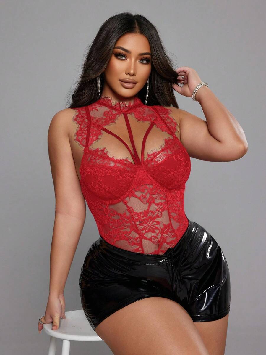 NU&NOW 大码女装春夏新年红色蕾丝性感镂空系带前卫法式休闲时尚年轻别致弹力针织百搭舒适叠穿单品，适合圣诞节、派对等场合 - 紅色 - 查看 1