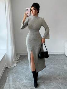 Modelyn 女式高领紧身针织开衩连衣裙，秋冬 - 淡綠 - 查看 3