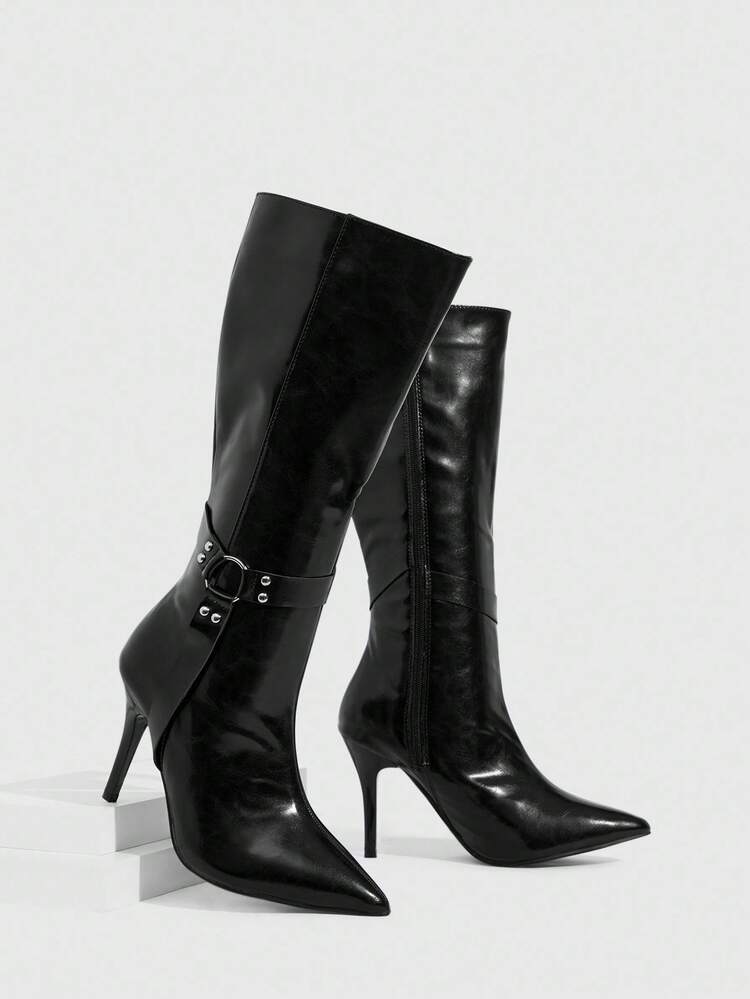 CUCCOO SZL Women's Pointed Toe Stiletto Buckle Accent Sexy Elegant Knee-High Boots