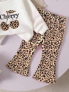 GraphicGems 2pcs/Set Baby Girls Casual Cherry & Leopard Print Cute Sweet Round Neck Long Sleeve Sweatshirt And Leopard Flare Pants Set, Suitable For Autumn/Winter, Halloween, Thanksgiving, Christmas
