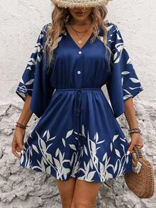 SHEIN LUNE Women's Printed Batwing Sleeve Dress With Botanical Design - Blue - View 4