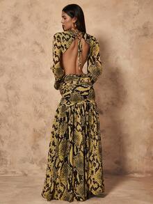 Almamuse 女士优雅蛇皮印花浪漫通勤派对长裙 - 黃色 - 查看 2