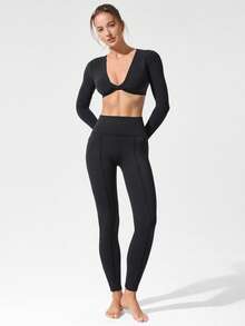 GLOWMODE 26" FeatherFit™-Warm CozyCore Soft Warm Stretchy High-Rise Waist Front Seam Zipper Side Pockets Leggings Low-Impact Yoga Pilates Studio Daily Casual Fall Winter - Black - View 7