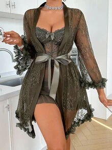SHEIN 2pcs/Set 3D Floral Lace Robe + Fishbone Waist Design Lace Camisole Nightgown - Army Green - View 4