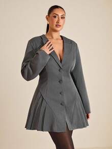 SHEIN BAE 秋冬大码优雅通勤褶皱下摆前扣连衣裙