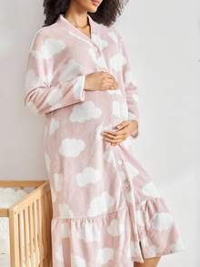 BloomMama Maternity Cloud Print Fleece Nursing Long Sleeve Fluffy Sleepwear Dress, Autumn, Cozy Baby Shower Bridesmaid Maternity Night Dusty Pink Cute Kawaii - Multicolor - View 5