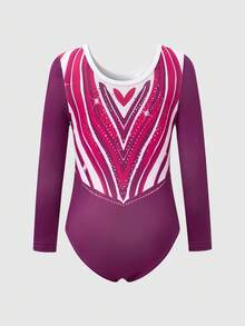 Young Girls Heart Pattern Leotard, Professional Grading Training Competition Gymnastics Outfit, New Long Sleeve Style - Purple - View 2