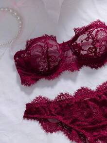 SHEIN 2pcs Women's Elegant Sexy Lace Lingerie Set - Burgundy - View 3
