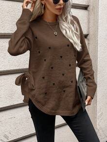 SHEIN Frenchy Women's Heart Pattern Round Neck Raglan Sleeve Side Tie Casual Sweater, Autumn/Winter,Brown Top - Brown - View 6