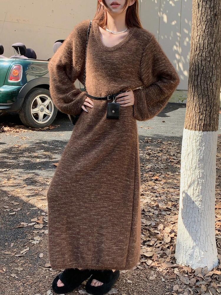 Women's Solid Color Round Neck Long Lantern Sleeve Fashionable Loose Knit Sweater Dress Fall/Winter