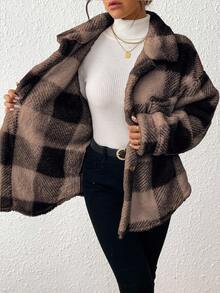 INAWLY 女士格子衬衫领口袋纽扣休闲夹克，时尚学院风 - 咖啡棕 - 查看 7