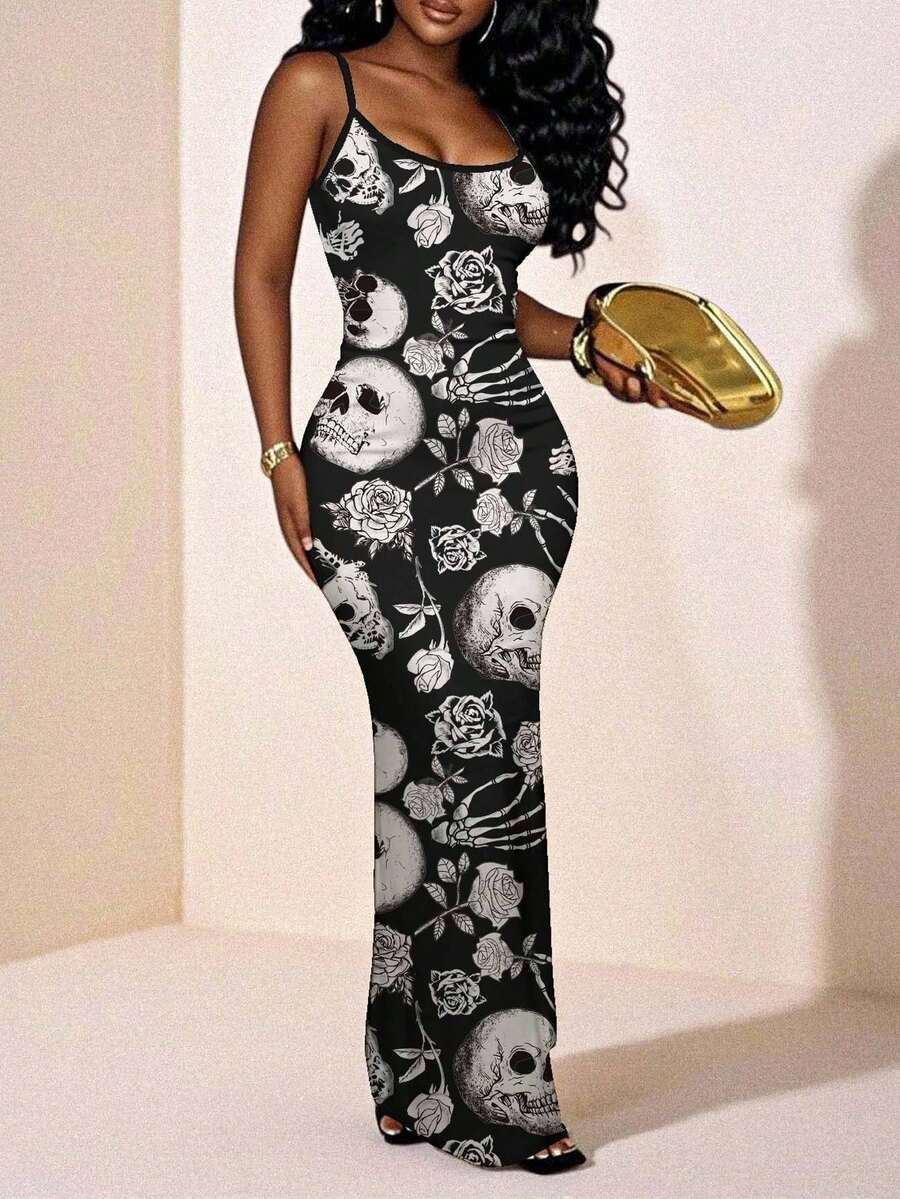 Slaydiva 2025/Summer Outfits For Women/Fall Women Clothes/Summer Dresses For Women/Elegant Dresses For Women/Wedding Guest Dress Women/Vacation Outfits Woman/Going Out/Classy Outfits For Women/Skull Floral Witch Graphic/ Halloween /Casual Minimalist Sleeveless Dress Chic Dress - Multicolor - View 1
