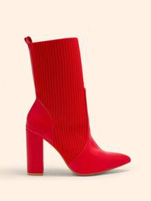 Women's Fashion Fabric Elastic Pointed Toe Chunky Heel Mid-Calf Boots, Suitable For Commuting, Dating, Party, Holiday For Christmas - Red - View 3