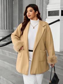 Calvaya Plus Size Plus Size Waist Pocket Splice Faux Fur Jacket - Khaki - View 4