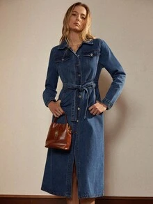 Écloséra Fake Pocket-Breasted Belted Denim Dress - Blue - View 4