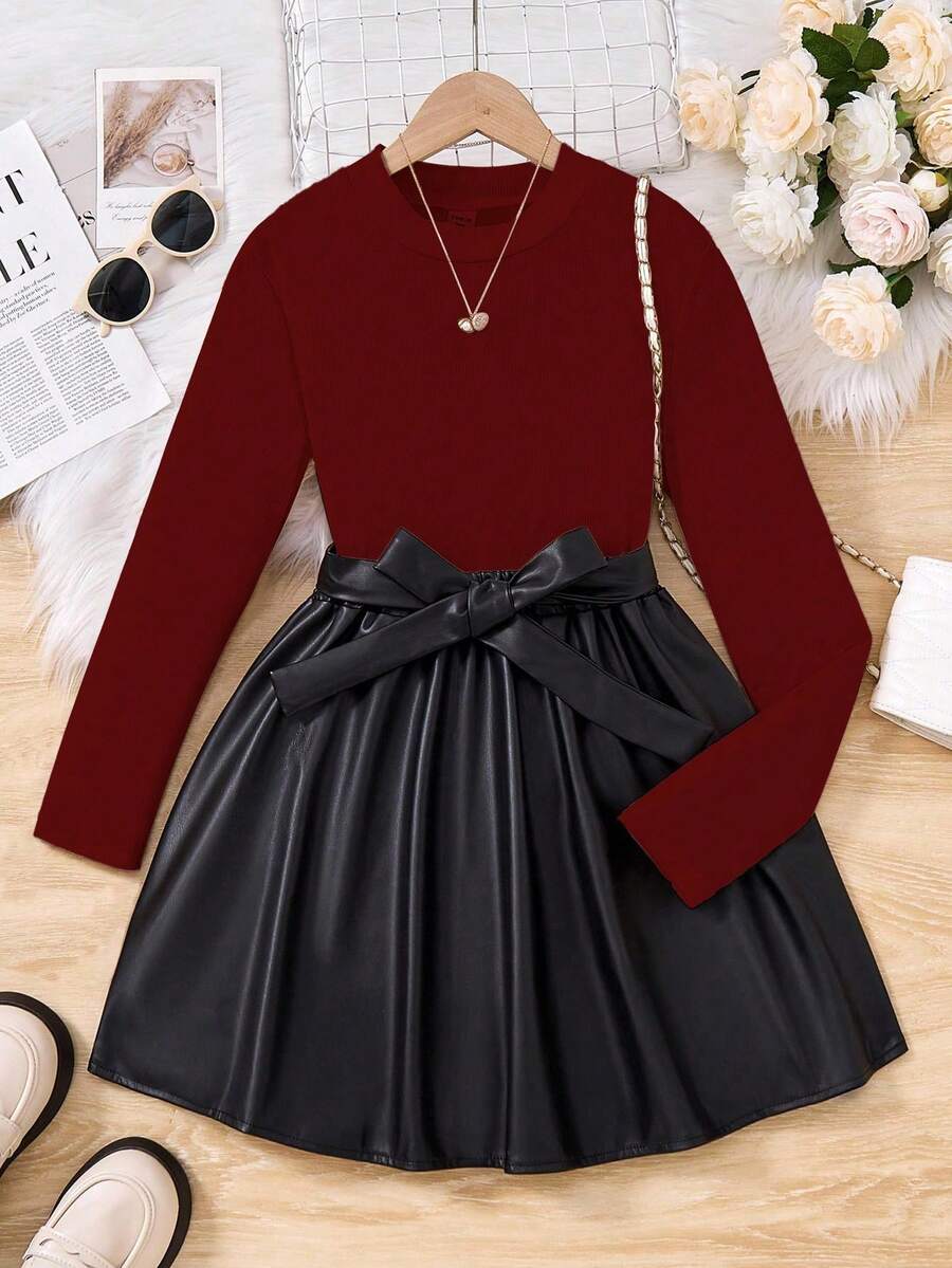 2pcs/Set Elegant Casual Ribbed Knit Crew Neck Long Sleeve Top + Simple PU Leather Elastic Waist Skirt With Belt For Teenage Girls, Autumn/Winter - Burgundy - View 1