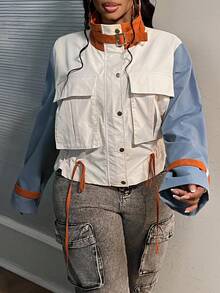 Slaydiva Women's Plus Size Contrast Color Block Drawstring Hem Jacket For Everyday Wear, Autumn/Winter - Multicolor - View 8