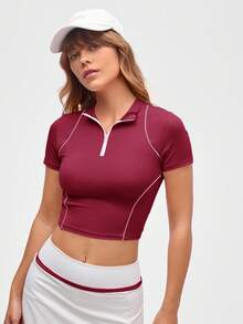 XH060 修身运动瑜伽跑步户外T恤 - 酒紅色 - 查看 3