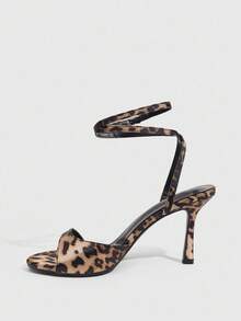 CUCCOO SZL Multi-Color Leopard Print Satin Satin Ankle Strap Fashionable Sexy Elegant French Style 8.8CM High Heel Round Toe Stiletto Sandals