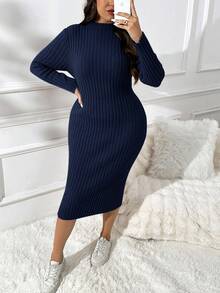SHEIN Essnce Váy len co giãn thoải mái, cổ đứng cỡ lớn, vừa vặn - Xanh đậm - Xem 8