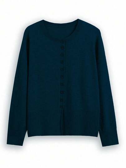 Calvaya Plus Size Women's Solid Color Round Neck Long Sleeve Front Button Casual Knit Cardigan