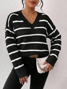 SHEIN Frenchy Black White V Neck Striped Pattern Drop Shoulder Sweater Autumn Winter Clothes For Women,Fall,Fall Clothes For Women